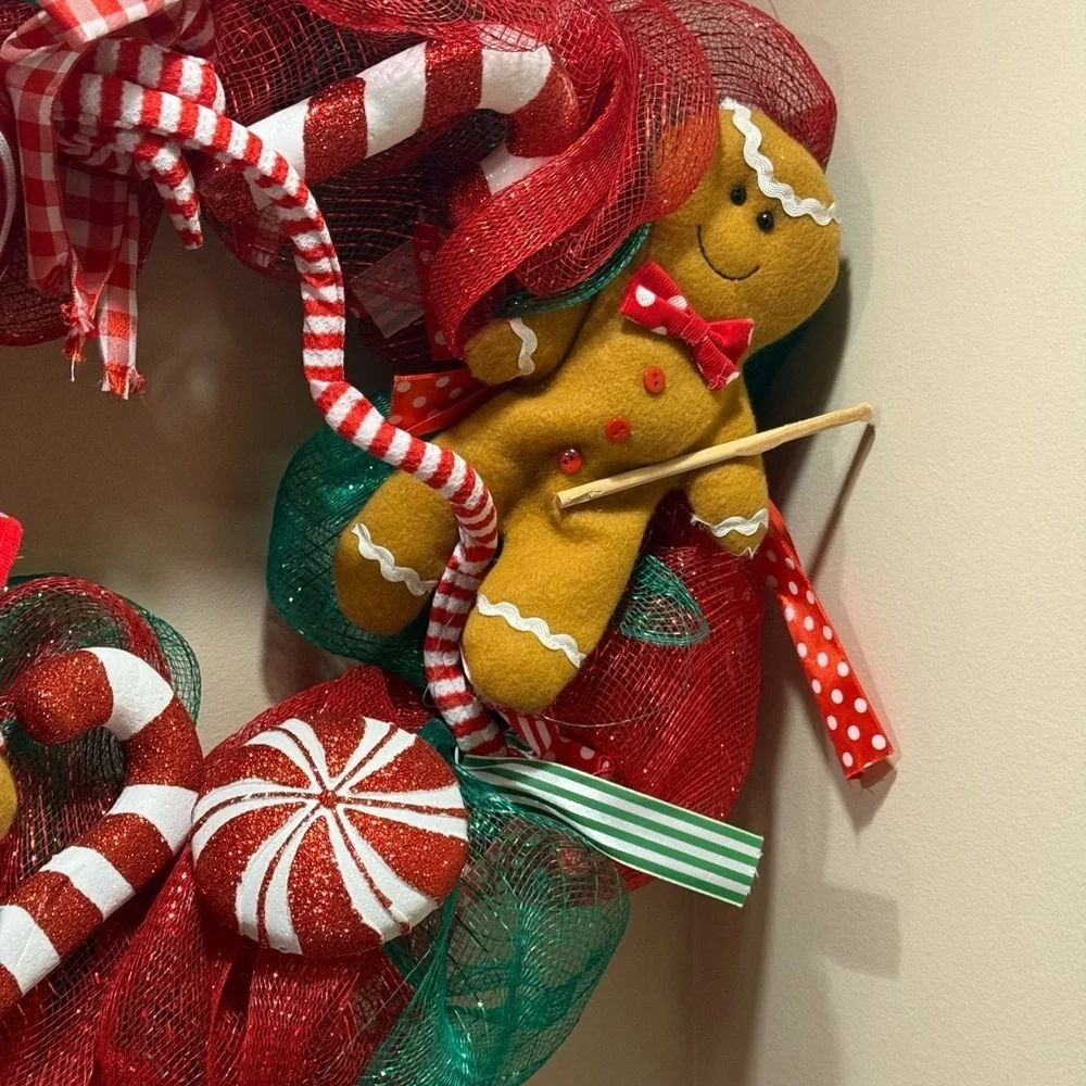 23” Festive Gingerbread Holiday Wreath - Candy Canes Red and Green Handmade